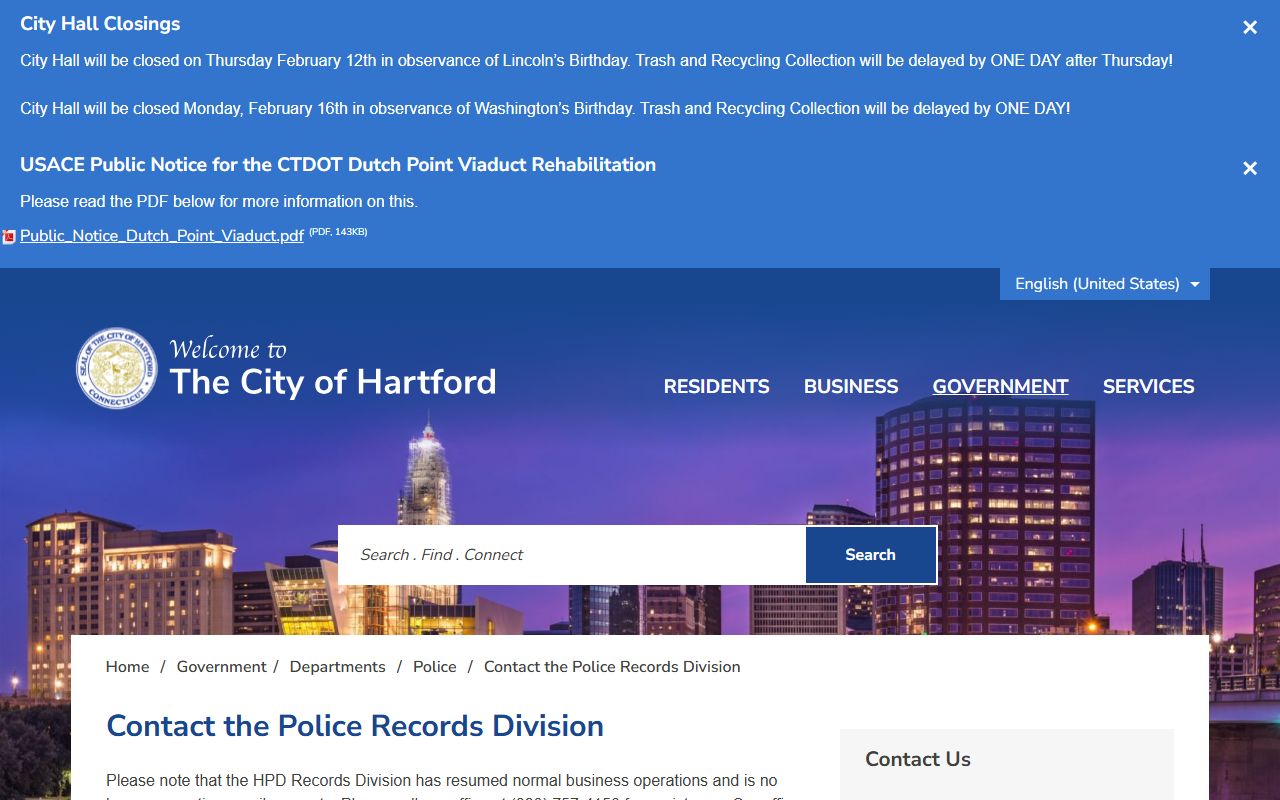 Hartford police records request page for court-related documents