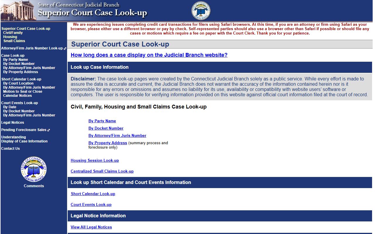 Connecticut court case lookup system for searching county records