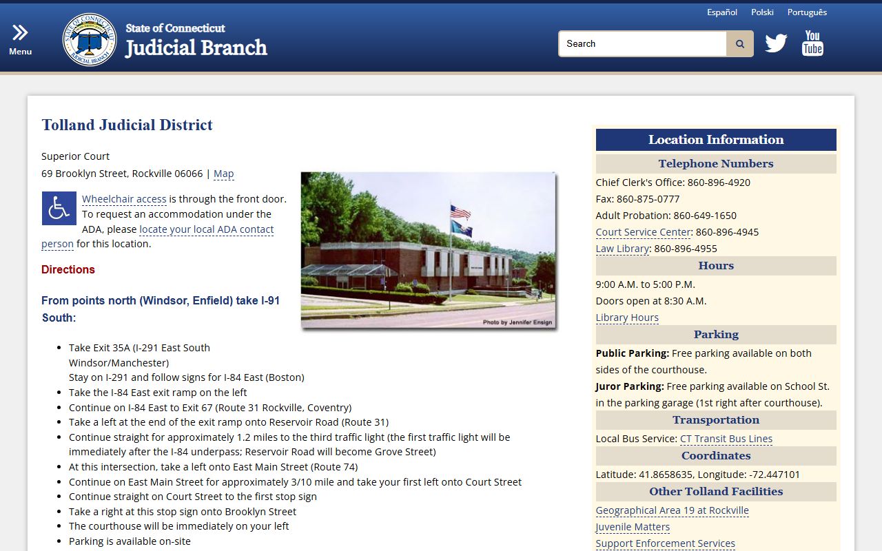 Tolland Judicial District courthouse location and contact information