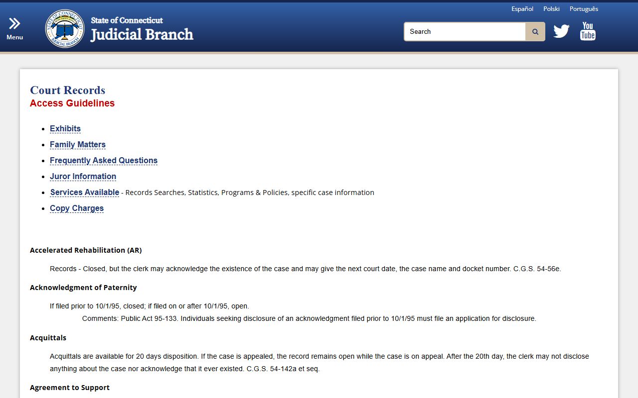 Connecticut court records FAQs with information on accessing files