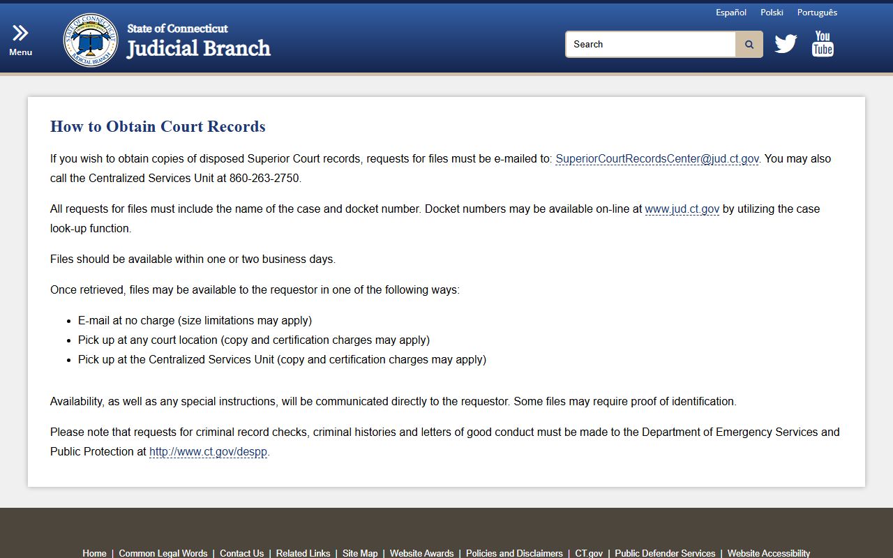Connecticut Judicial Branch guide on obtaining court records for Hartford