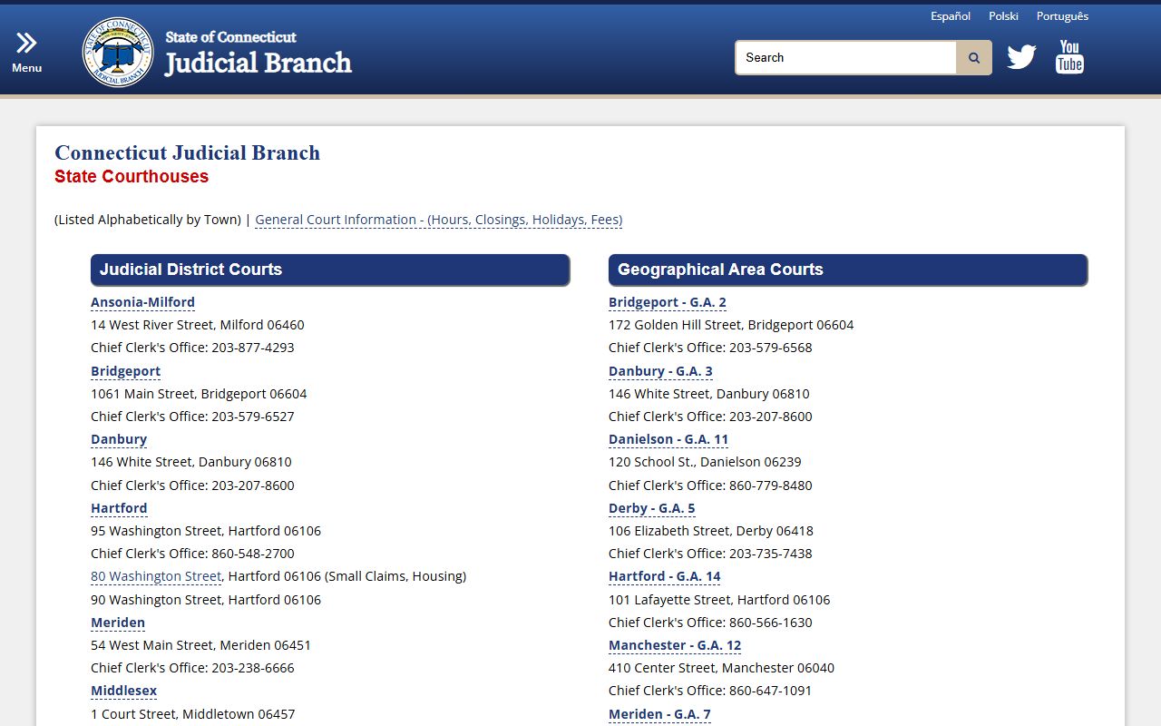 Connecticut state courthouses directory showing all judicial districts